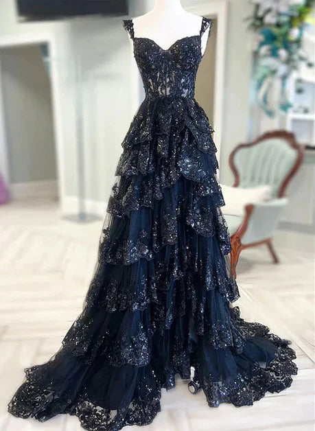 Navy Blue Tulle A-line Sweetheart Party Prom Dress